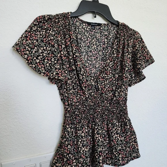 Ambiance Black Floral Smocked Peplum Blouse with Pink and Cream Flowers - Picture 2 of 4